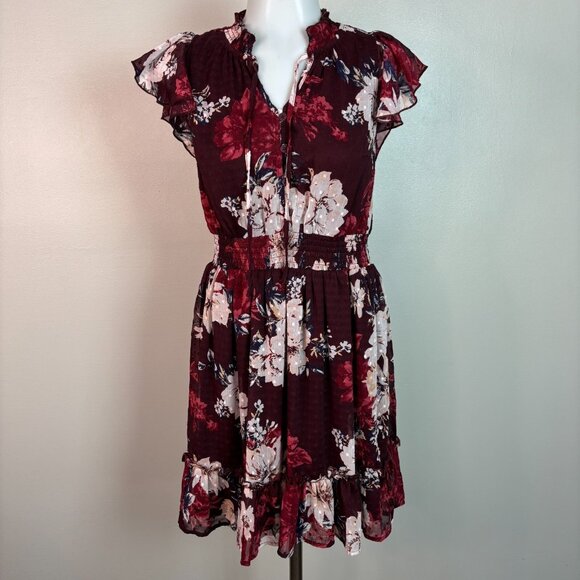 Maurices Dress XS Burgundy Floral Elastic Waist Flutter Sleeves Tie-Neck Women's - Picture 1 of 11